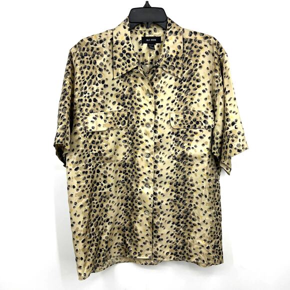VTG Silk House Tan Black Leopard Animal Print Button Up 100% Silver Blouse Large - Picture 1 of 6
